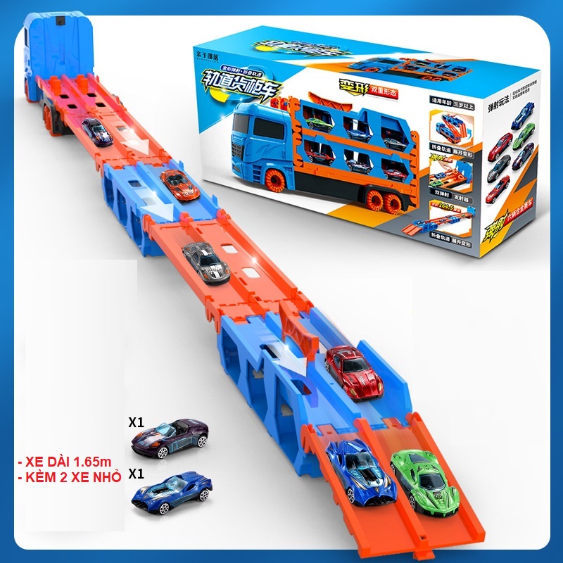 Ô tô đồ chơi xe tải 3 tầng kèm 6 xe đua nhỏ mô hình đường đua xe dài 1,65m có thể gấp gọn cho bé, quà tặng sinh nhật