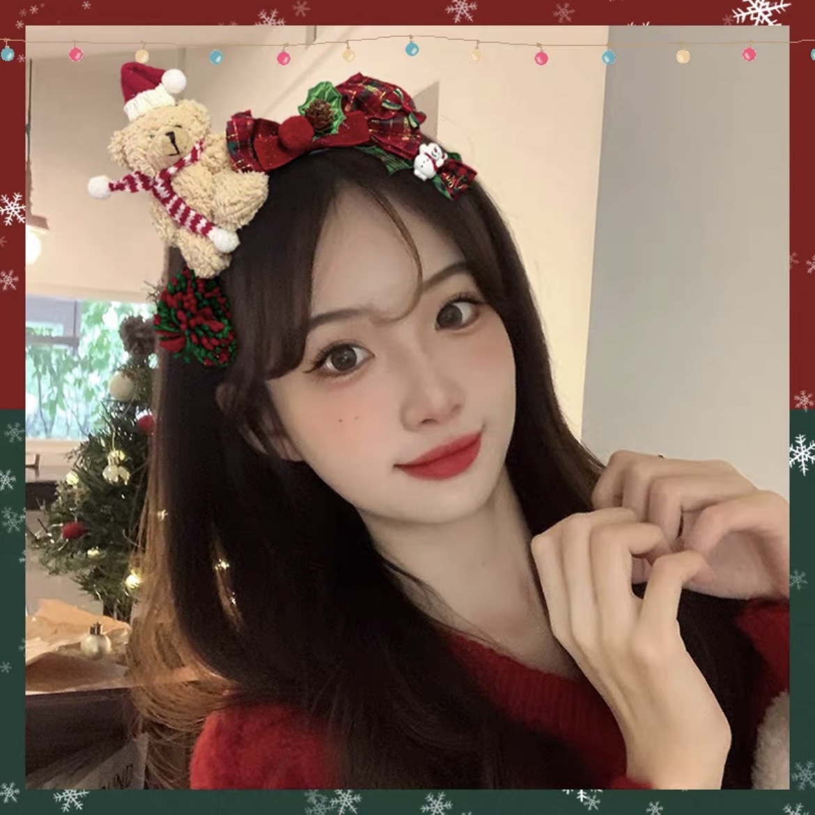 Cài tóc giáng sinh gấu bông nâu dễ thương, băng đô Noel gấu 3d