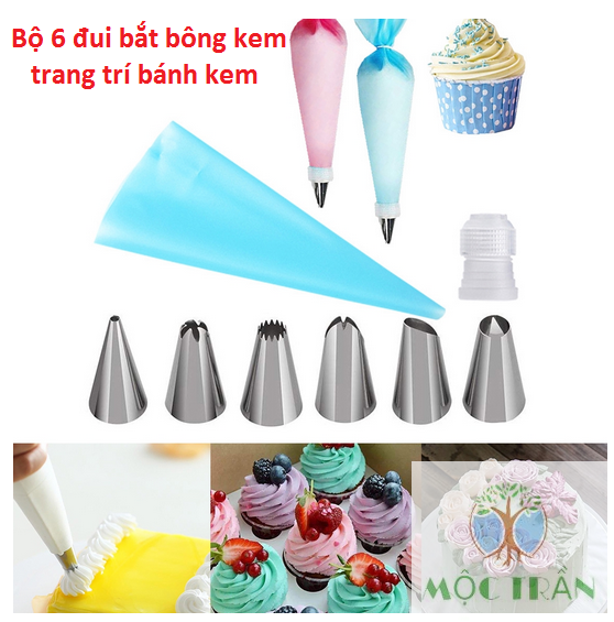 Bộ 6 đui bắt bông kem kèm chốt và túi đựng kem trang trí bánh