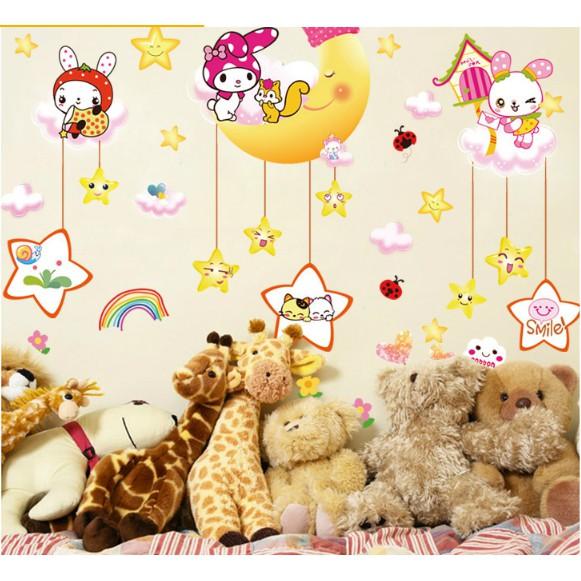 Decal trang trí tường - Thỏ Trắng đáng yêu vui chơi cùng Trăng Sao