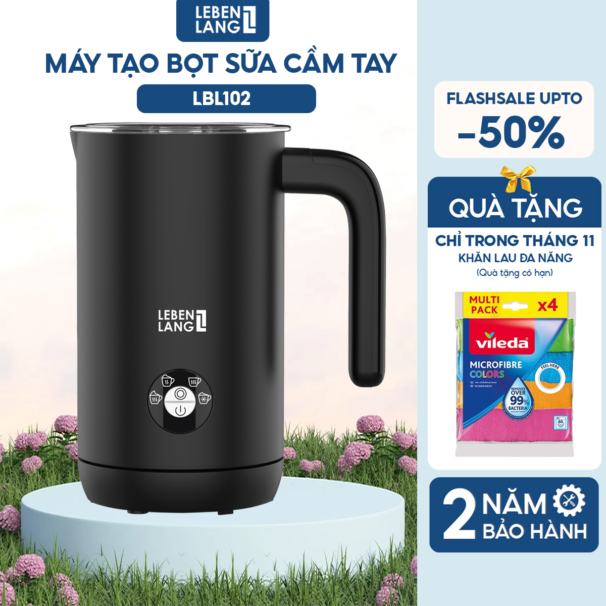 Máy đánh bọt cà phê, tạo bọt sữa Lebenlang LBL102, 500W, 240ml, 4 chế độ đánh nóng lạnh, tặng kèm 1 lò xo bảo hành 2 năm - hàng chính hãng