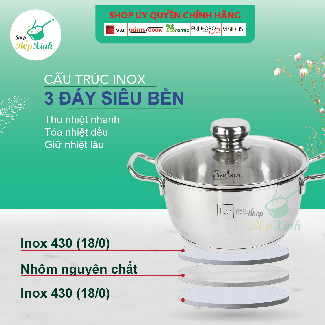 Bộ Nồi Inox 3 Đáy Từ Fivestar Standard FSB50002 5 chiếc nắp kính