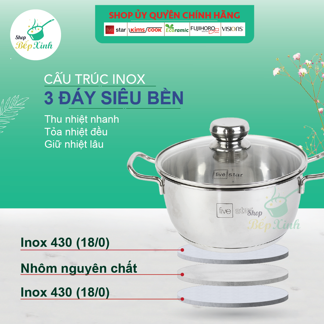 Bộ nồi inox FIVESTAR 6 chiếc nắp kính 3 đáy dùng được bếp từ ,hồng ngoại , gas , tặng 1 vá canh