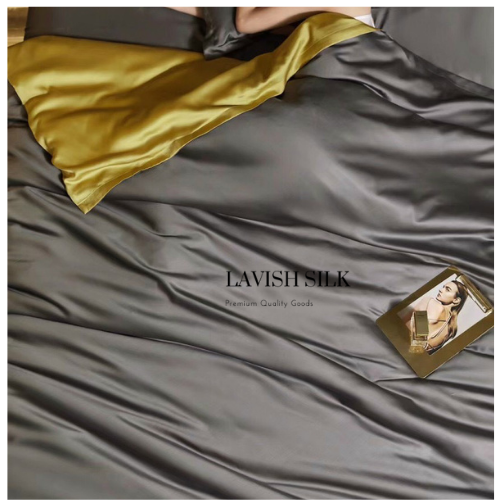 Trọn Bộ Ga Gối Lụa Kèm Chăn Sẵn Ruột + Tặng Bộ Quà Tặng Lavish Silk Cao Cấp - Xám Đậm Mix Vàng Chanh
