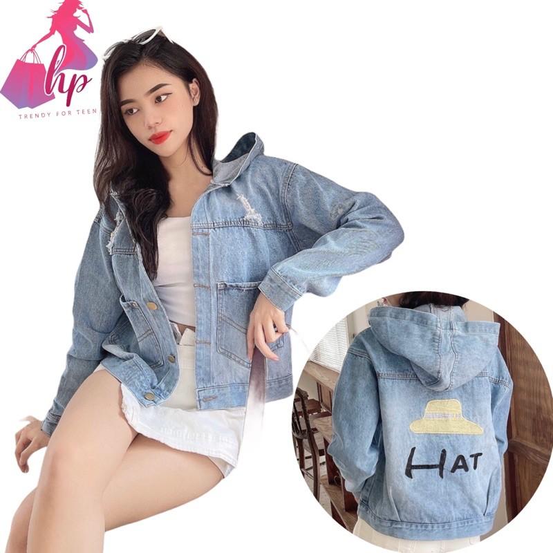 áo khoát jeans nữ có nón/ mũ cao cấp thêu hoạ tiết thời trang 2021