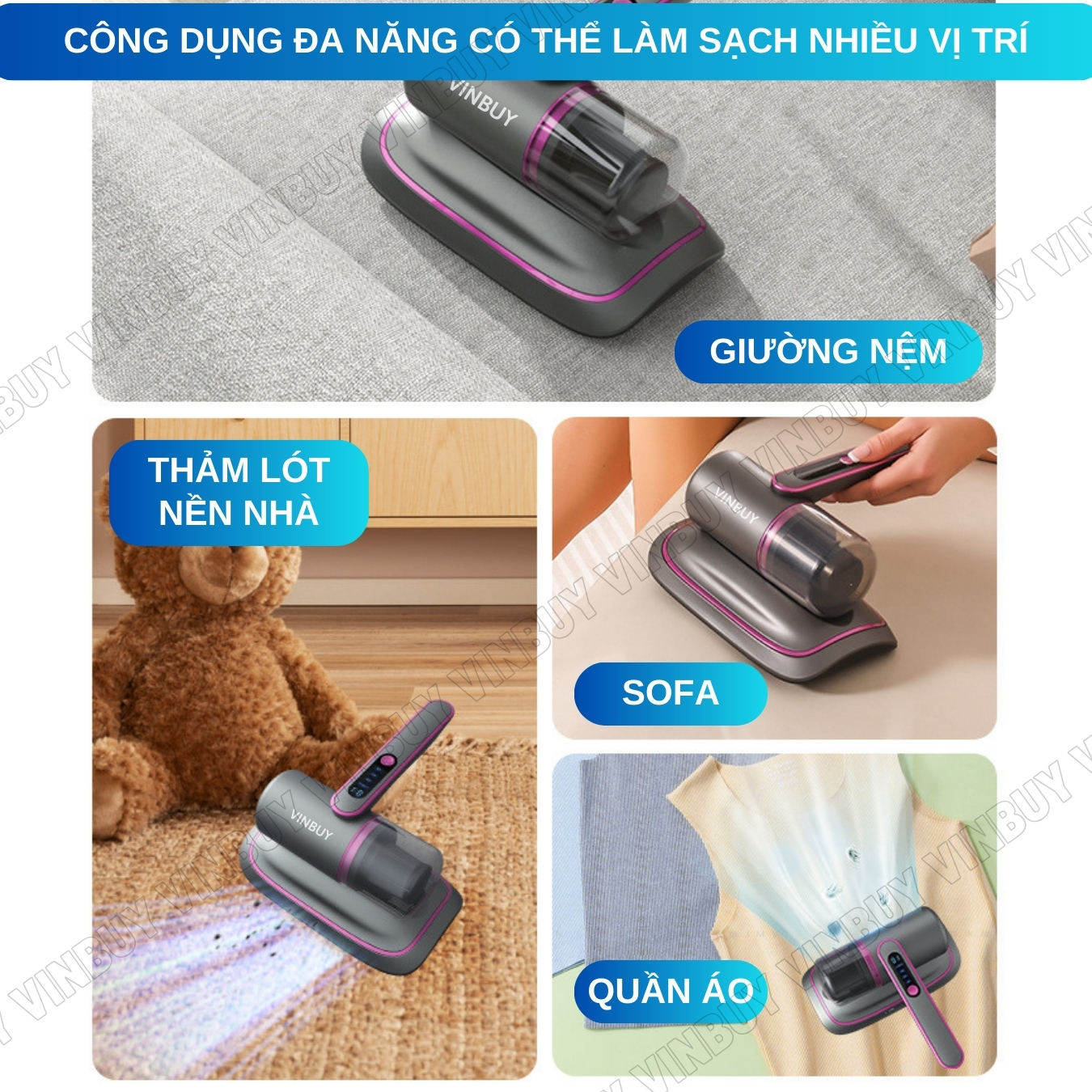 Máy hút bụi giường nệm diệt khuẩn UV, cầm tay pin sạc không dây lực hút mạnh 22000PA - Hàng chính hãng VINBUY