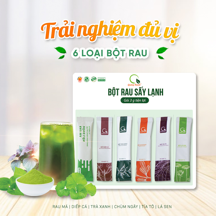 Bột rau tiện lợi Quảng Thanh - 6 vị với 6 loại bột rau nguyên chất, bổ sung dưỡng chất, thanh lọc cơ thể (Rau Má - Diếp Cá - Tía Tô - Lá Sen - Trà Xanh - Chùm Ngây)