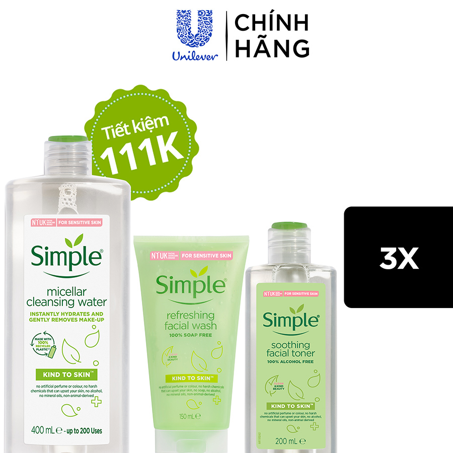 Combo Siêu Tiết Kiệm Simple Tẩy Trang 400ML + Sữa Rửa Mặt 150ML + Nước Hoa Hồng Toner 200ML Cho Da Sạch Khỏe Đàn Hồi -