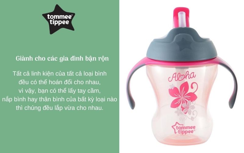 Bình tập uống có ống hút cho bé Tommee Tippee Training Straw 230ml từ 9 tháng - Hồng