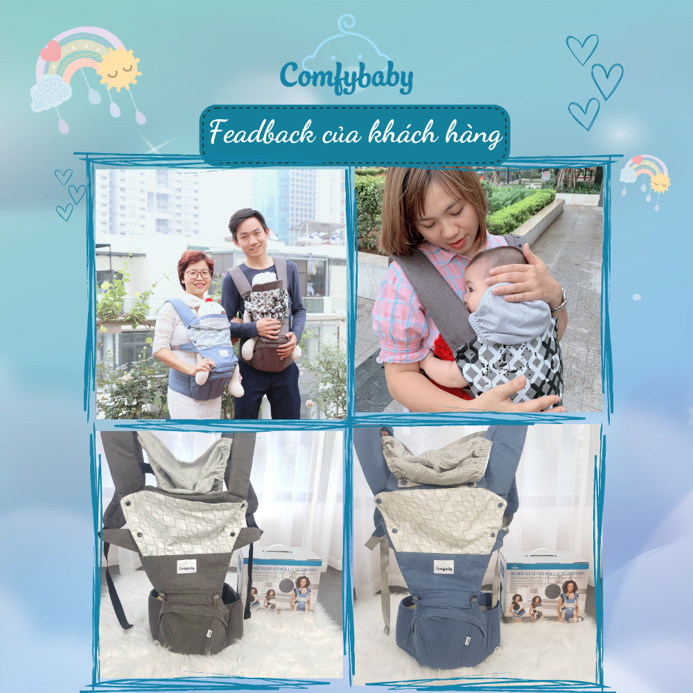 Địu ngồi trẻ em cao cấp siêu mềm - siêu thoáng 4 tư thế Comfybaby CF119HC003 cho bé từ sơ sinh tới 36 tháng có mũ đỡ đầu