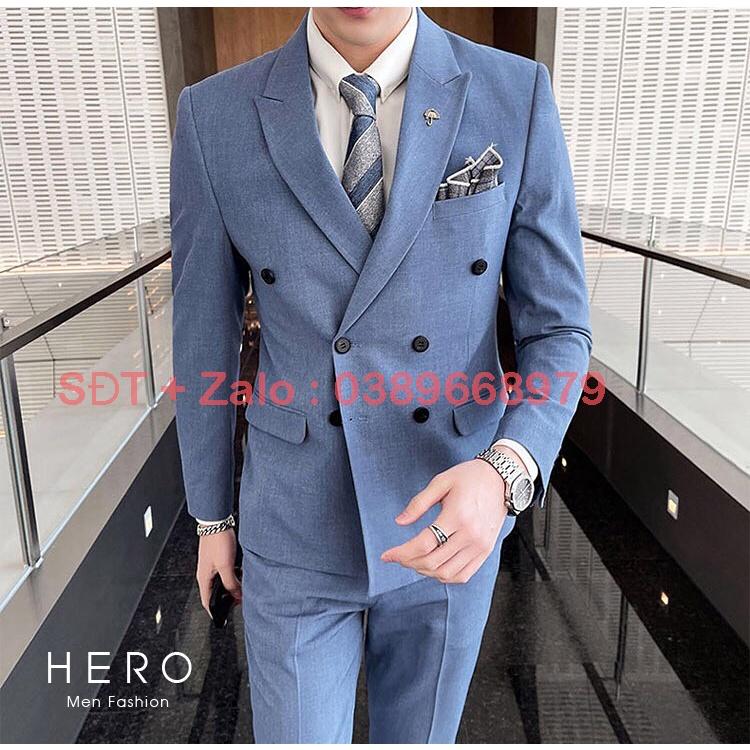 Bộ Vest Nam Cao Cấp 6 khuy màu Xanh Ngọc, Bộ suit nam 6 cúc chất vải xịn