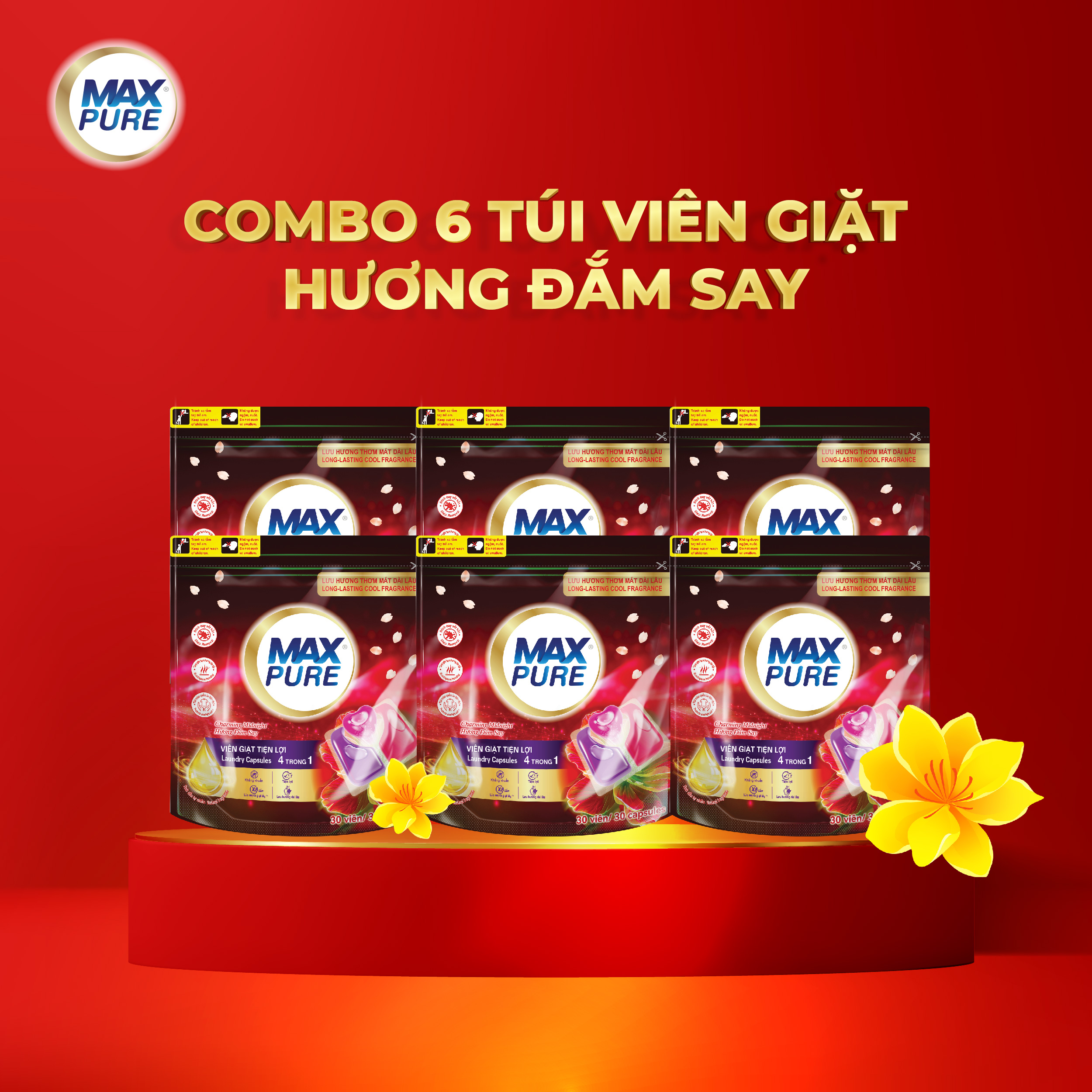 Combo 6 Túi Viên Giặt Tiện Lợi Max Pure 4in1 Hương Đắm Say (30 viên/túi)