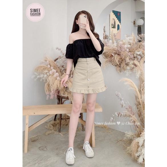 Set Áo trễ vai + chân váy gấu bèo thiết kế Simee