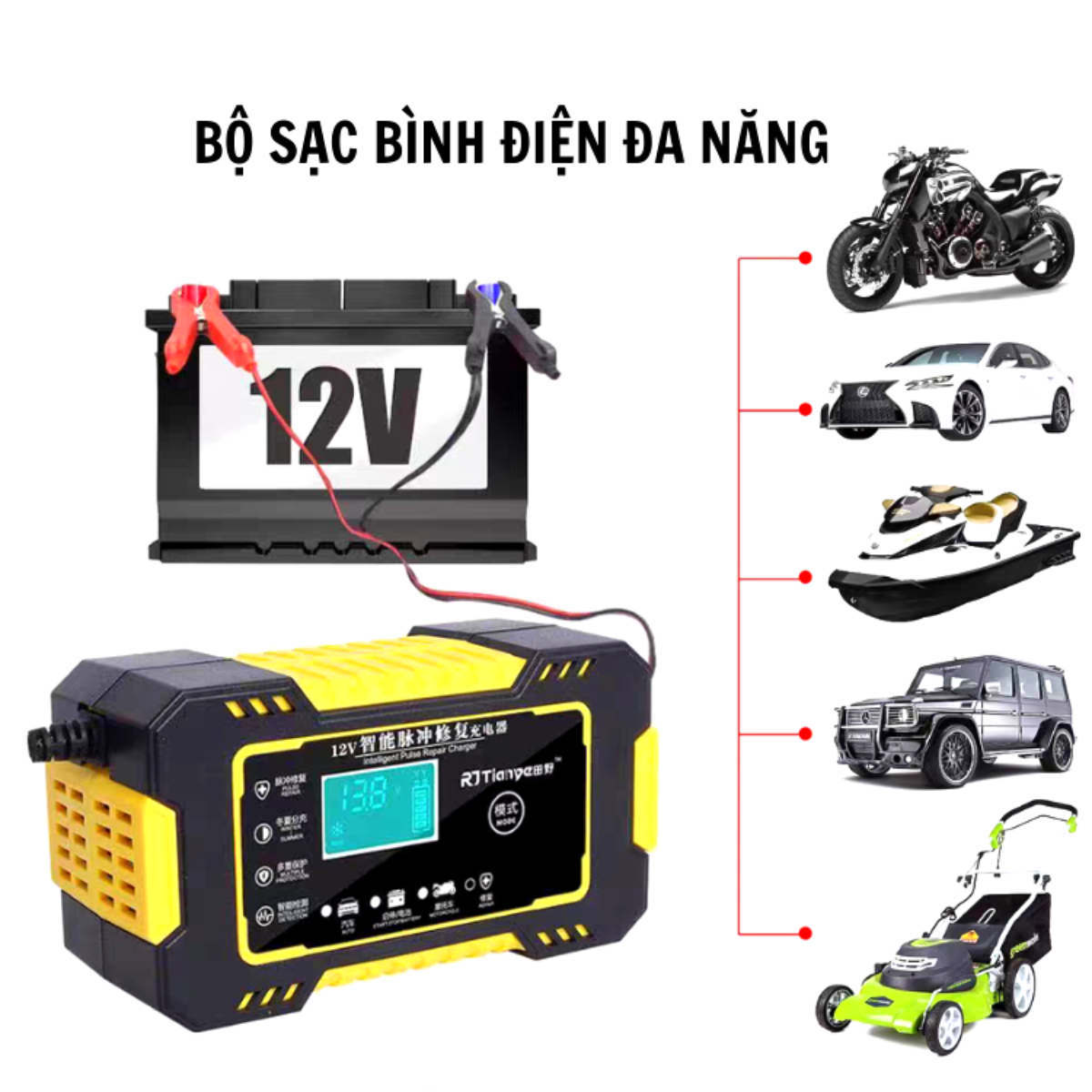 Sạc bình ắc quy ô tô xe máy 12V 4Ah - 100Ah-Chế độ thông minh tự động ngắt khi sạc đầy