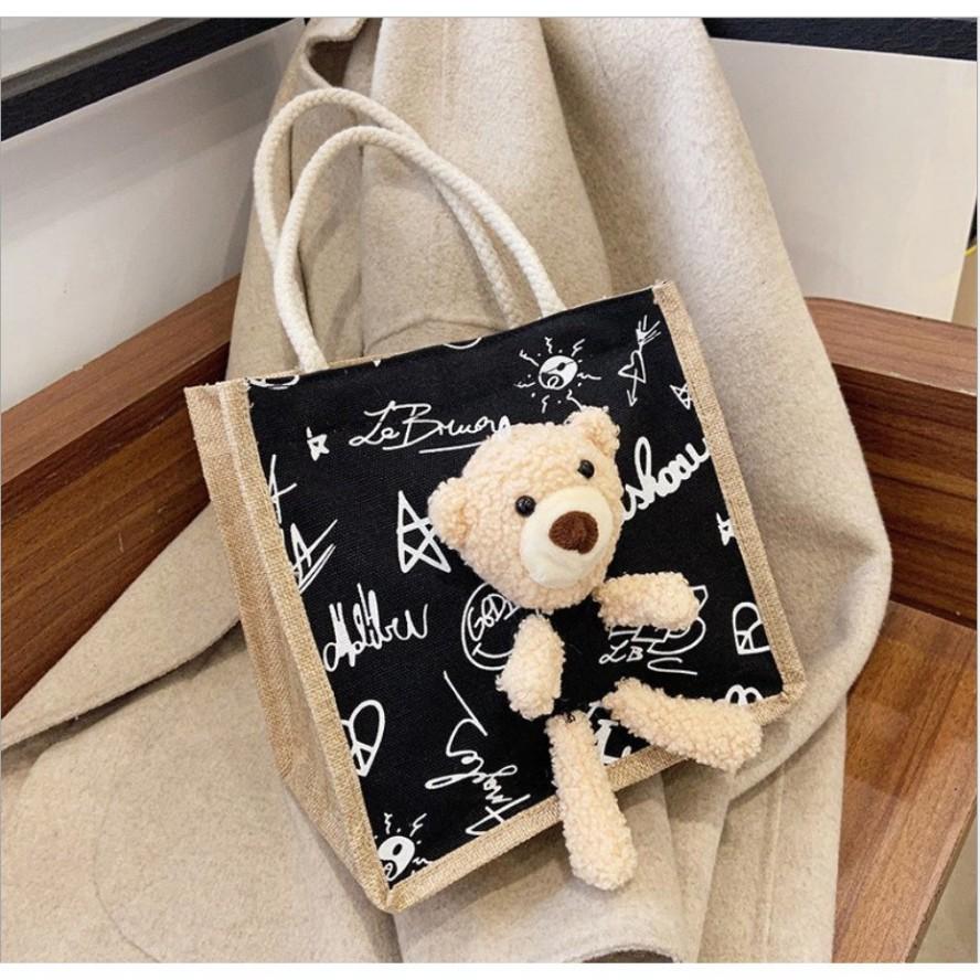 Túi Cói kèm gấu brown Mini Size 21 Phong Cách Vintage