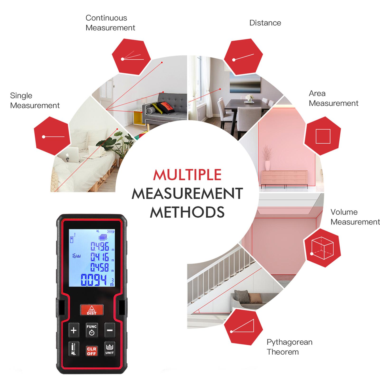 Máy đo laser 100m LCD Máy đo khoảng cách laser kỹ thuật số Công cụ tìm phạm vi nhỏ Khoảng cách / Diện tích / Thể tích / Công cụ đo Pythagore với Thay đổi đơn vị, Công tắc dấu mốc, Đếm ngược, Bản ghi lịch sử
