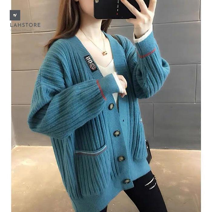 Áo len cardigan nữ tay phồng tiểu thư LAHSTORE, thời trang thu đông 2021 (Xanh)