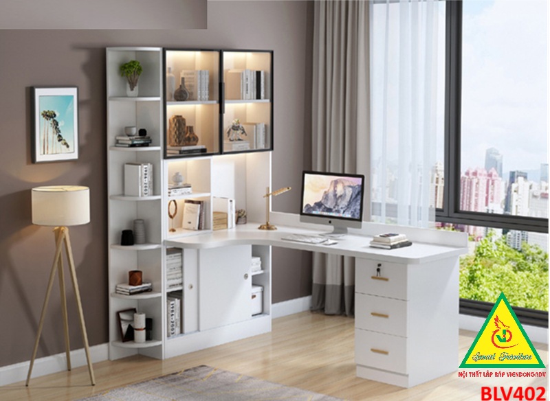 BÀN HỌC – BÀN LÀM VIỆC LIỀN KỆ GỖ MDF TỦ CÁNH KÍNH CÓ ĐÈN LED BLV402 - NỘI THẤT LẮP RÁP VIENDONGADV