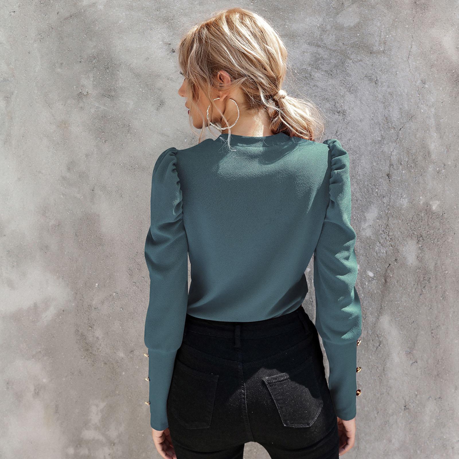 Women Puff Long Sleeve Shirt Button Round Neck Pullover Slim Fit Solid Tops