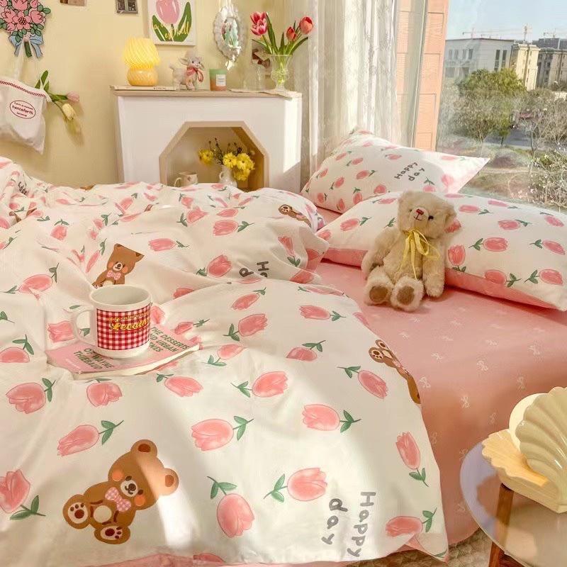Bô Chăn Ga Gối Cotton Living 100%cotton Hàng Nhập Khẩu Cao Cấp 4 Món Hoa Nhí Hồng