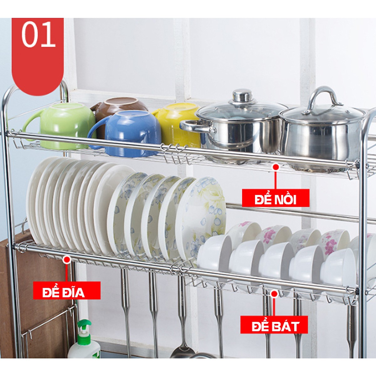 Kệ để đồ nhà bếp 2 tầng BLK20 full inox có giá dắt dao, đũa, thìa, có khay để dụng cụ rửa bát và móc treo