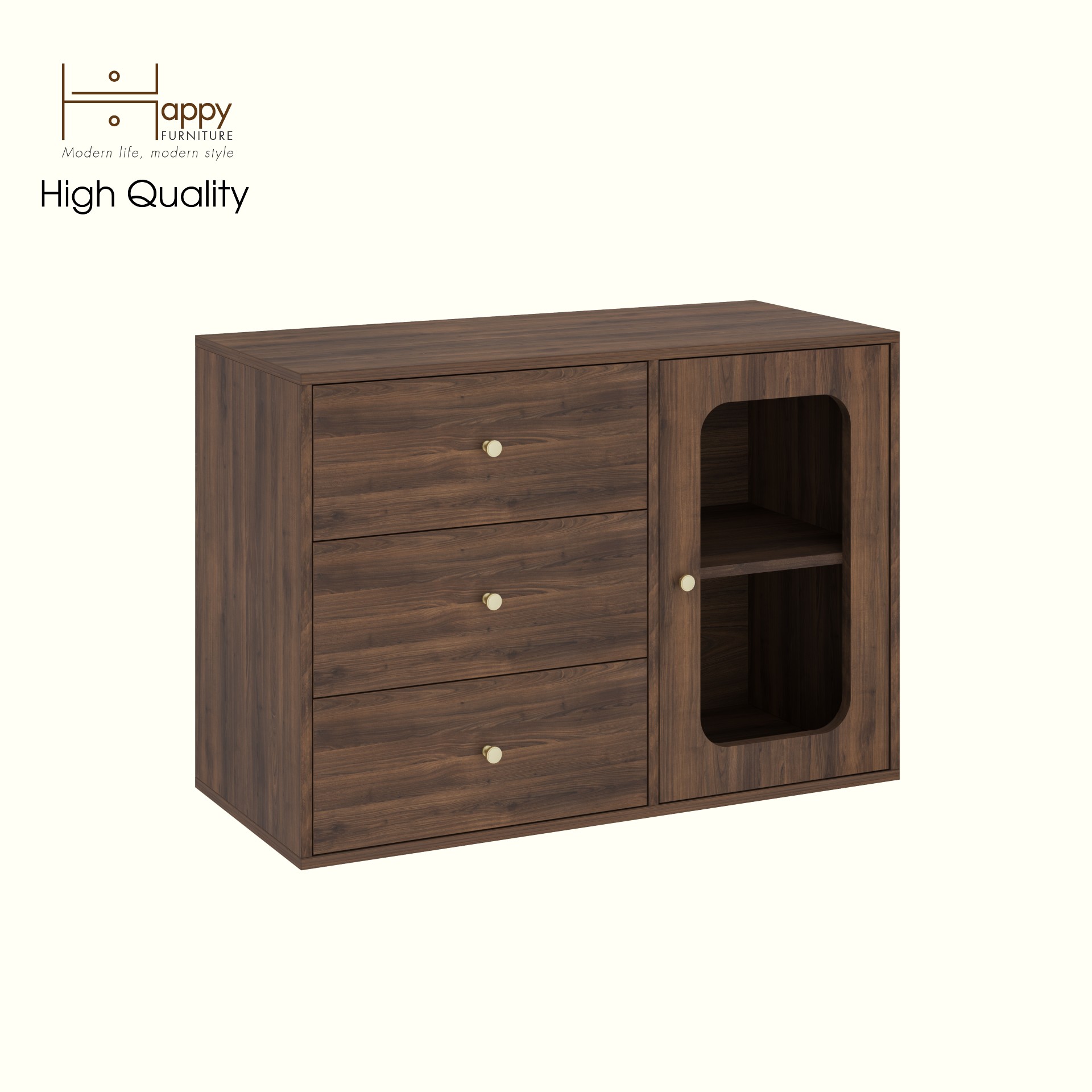 HAPPY FURNITURE , Tủ lưu trữ 1 cửa kính 3 ngăn kéo - NOAH , TLT_066 , 100cm x 45cm x 70cm DxRxC