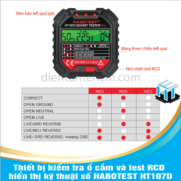 Thiết bị kiểm tra ổ cắm và test RCD hiển thị kỹ thuật số HABOTEST HT107