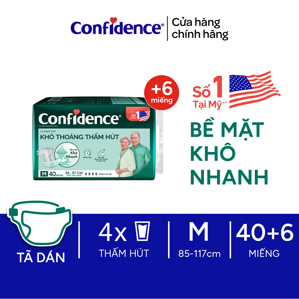 [Tặng thêm tã] Tã dán người lớn Confidence Classic Day Khô Thoáng Thấm Hút M/L 40+6 miếng