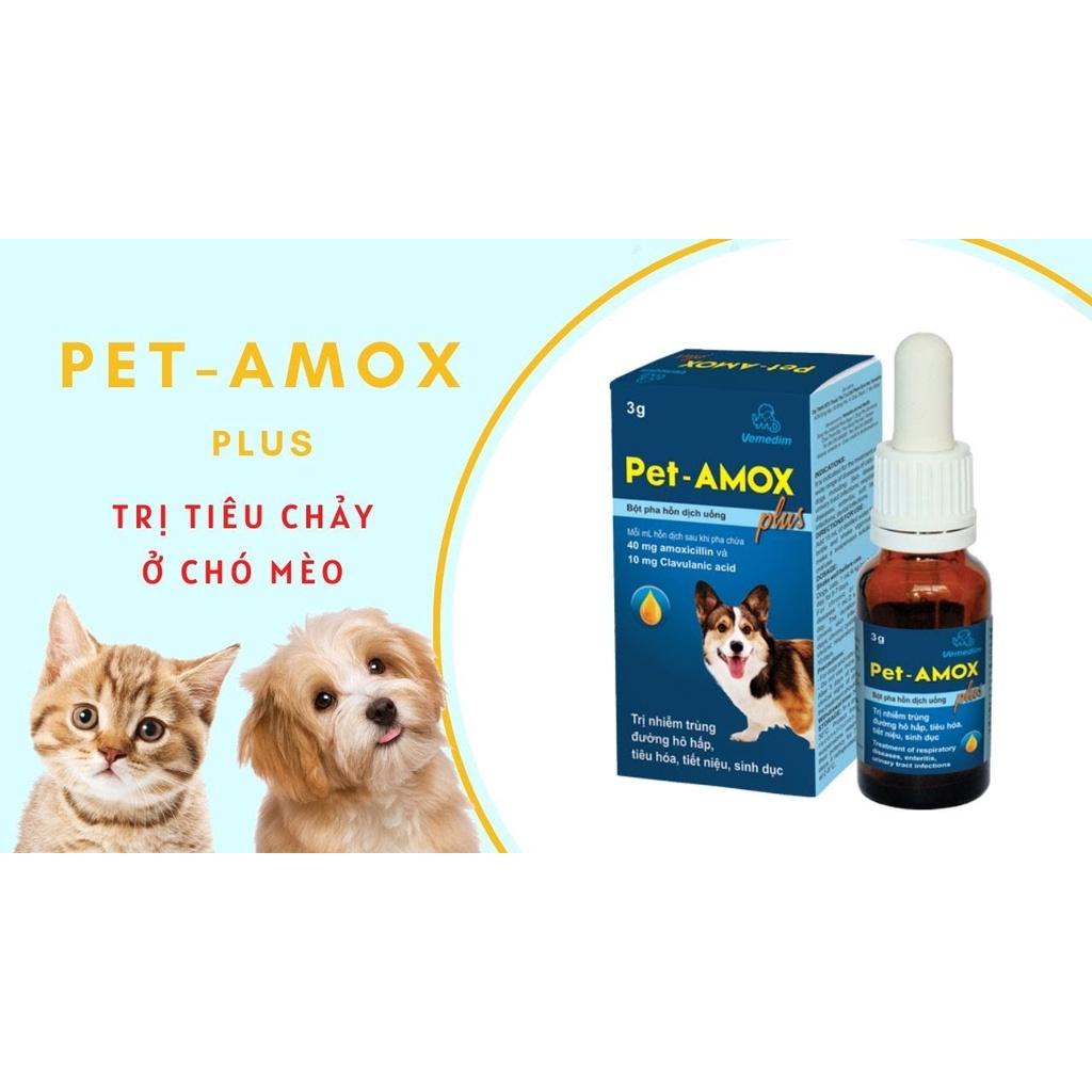 Pet amox plus tốt cho tiêu hoá, hô hấp, viêm da, nhiễm trùng trên chó mèo . lọ bột 3g pha huyễn dịch uống