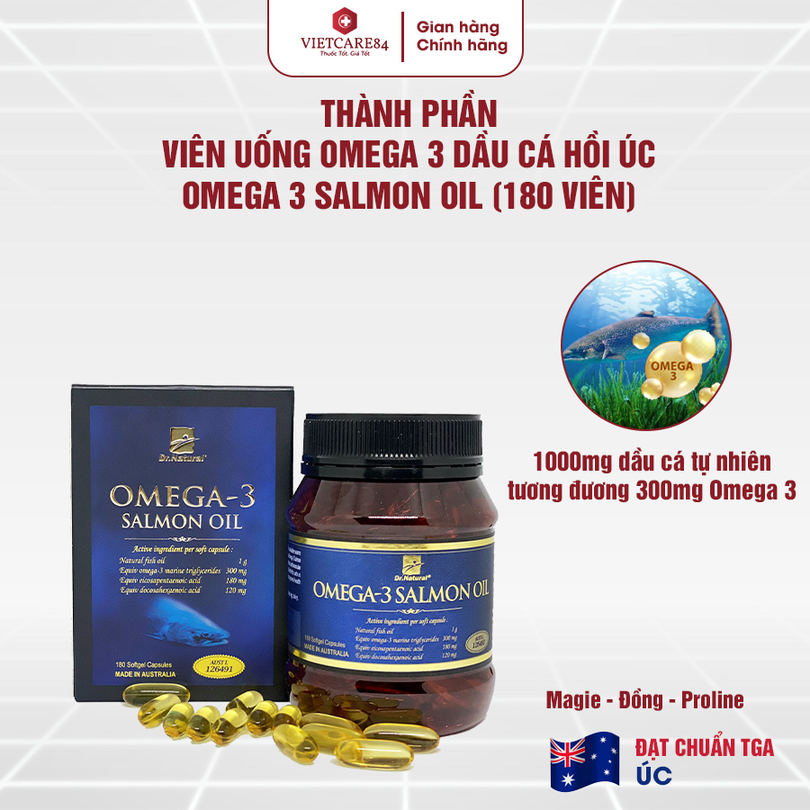 Viên uống Omega 3 dầu cá Hồi nhập khẩu chính hãng Úc OMEGA 3 SALMON OIL (180 viên) hỗ trợ giảm mỡ máu, giảm nguy cơ xơ vữa động mạch, cung cấp các chất dinh dưỡng cần thiết cho não bộ, tốt cho mắt