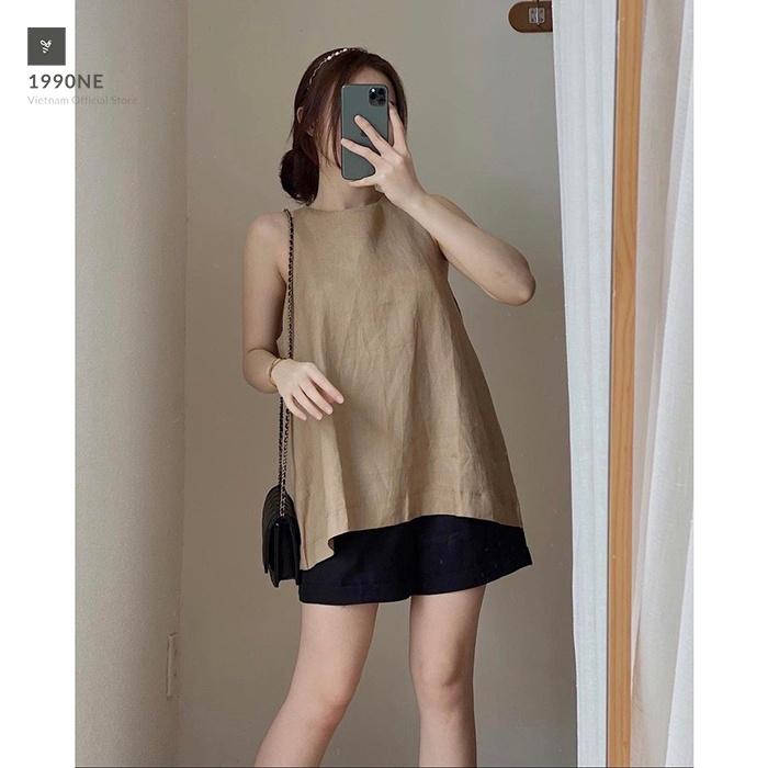 Bộ linen nữ sát nách LAHSTORE dáng yếm nút xẻ sau năng động