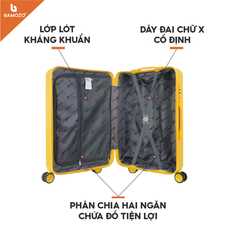 Vali du lịch BAMOZO 8801 MÀU VÀNG size 20/24, vali kéo nhựa được bảo hành 5 năm.