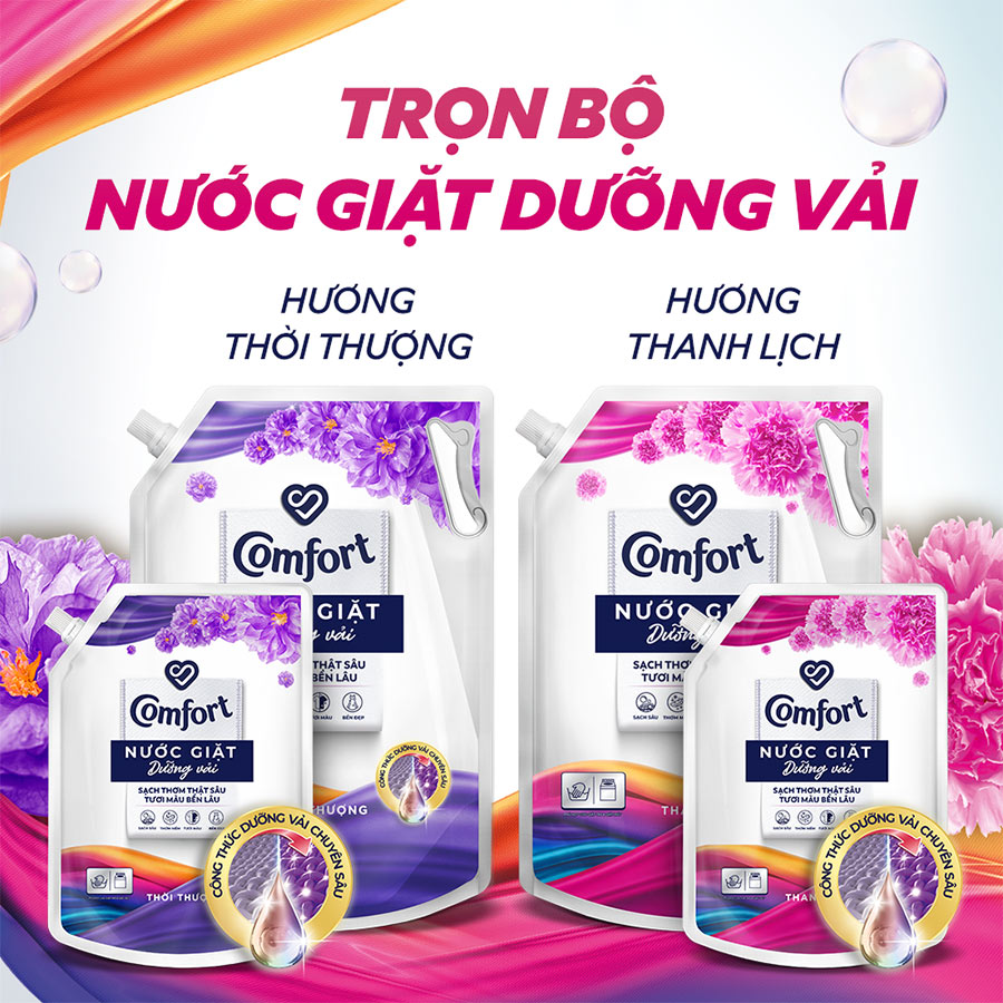 Nước giặt dưỡng vải Comfort Nước giặt xả đa chức năng hương Thanh Lịch giúp quần áo sạch thơm &amp; tươi màu Túi 3.8kg