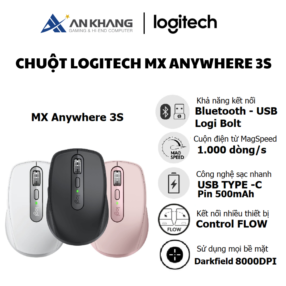 Chuột Logitech MX Anywhere 3S Kết nối không dây Bluetooth, Yên lặng Quiet Click, 8000 DPI - Hàng Chính Hãng - Bảo Hành 12 Tháng