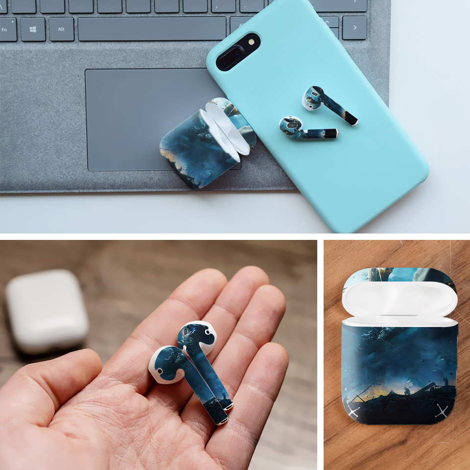 Miếng dán skin chống bẩn cho tai nghe AirPods in hình Godzila - Godz001 (bản không dây 1 và 2