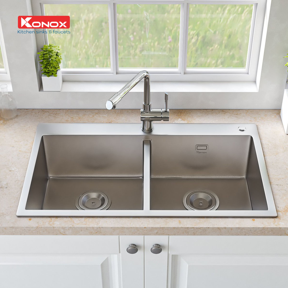 Vòi rửa bát Konox, Model KN1205 , Inox 304AISI tiêu chuẩn châu Âu, mạ PVD 5 lớp sáng bóng Hàng chính hãng