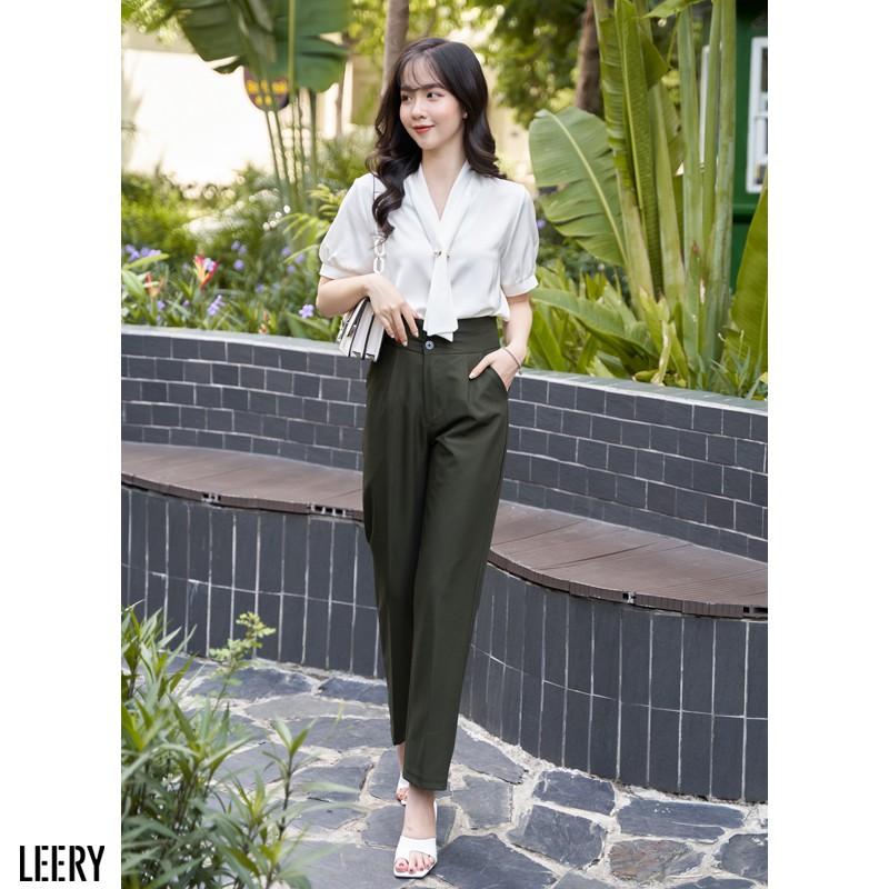 Áo sơ mi nữ tay phồng kiểu công sở Hàn Quốc form rộng vải lụa Ý cao cấp ngắn tay màu Trắng Đen Hồng LEERY S.M-07