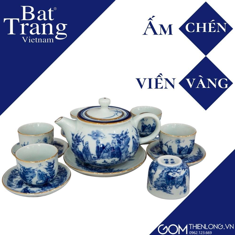 Ấm Chén Vẽ Vàng Trúc Lâm Thất Hiền - Bộ Ấm Chén Bát Tràng Cao Cấp - Gốm Thiên Long