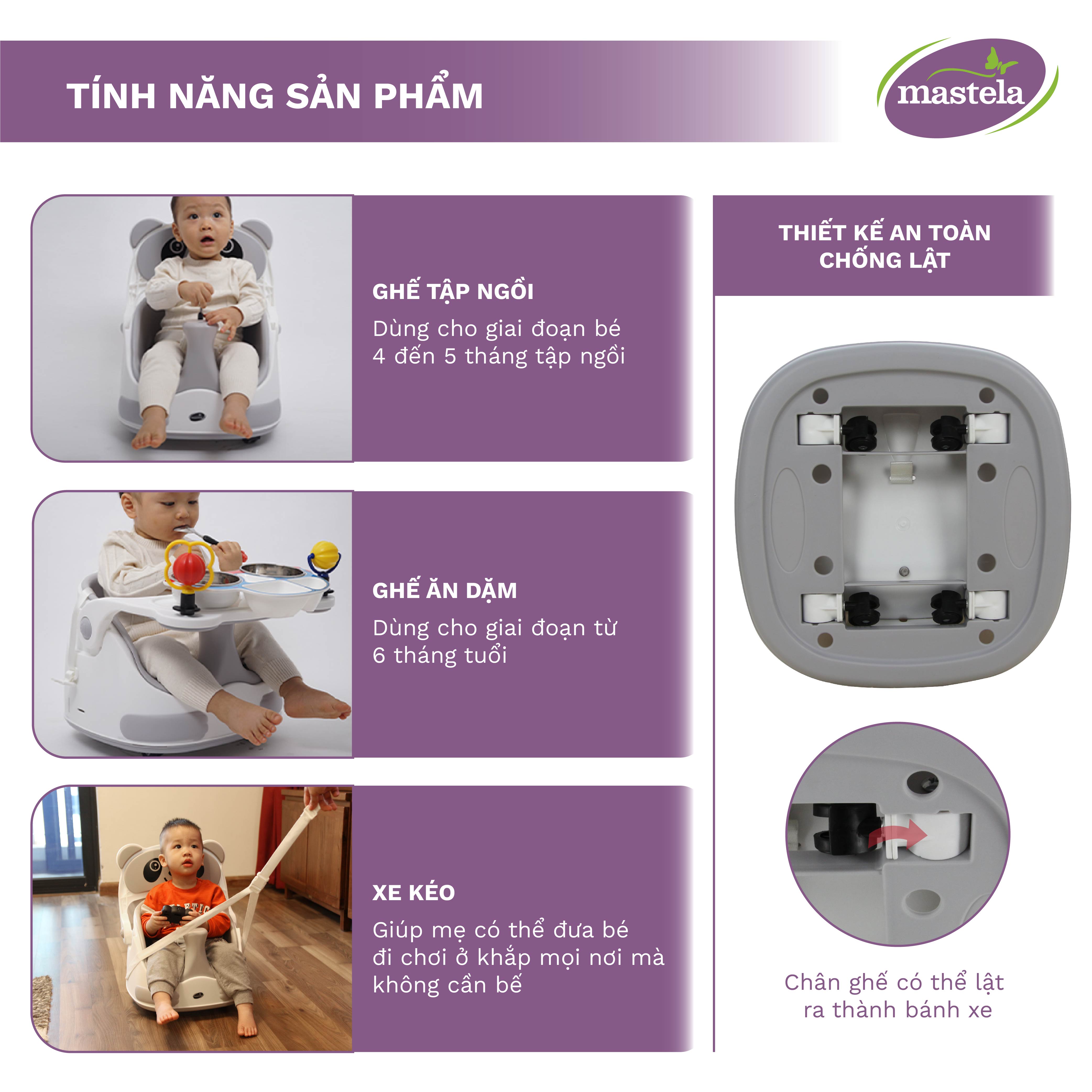 Ghế tập ngồi, ghế ăn dặm kiêm xe kéo 3 in 1 đa năng cho bé Mastela 1018, lót silicon cao cấp - tặng áo yếm mastela