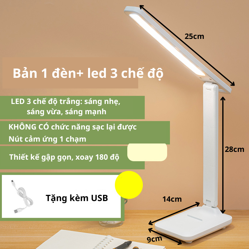 Đèn học LED 3 màu cắm cổng USB bảo vệ mắt, Đèn để bàn cắm sạc có nút cảm ứng 1 chạm 3 chế độ sáng