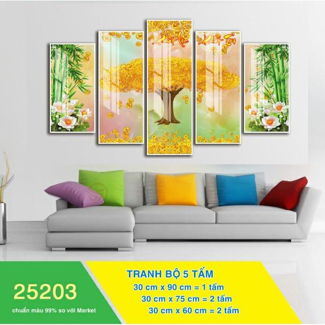 Tranh treo tường phòng khách Kim tiền - Thần tài 5 tấm/gỗ MDF chống ẩm mốc, mối mọt
