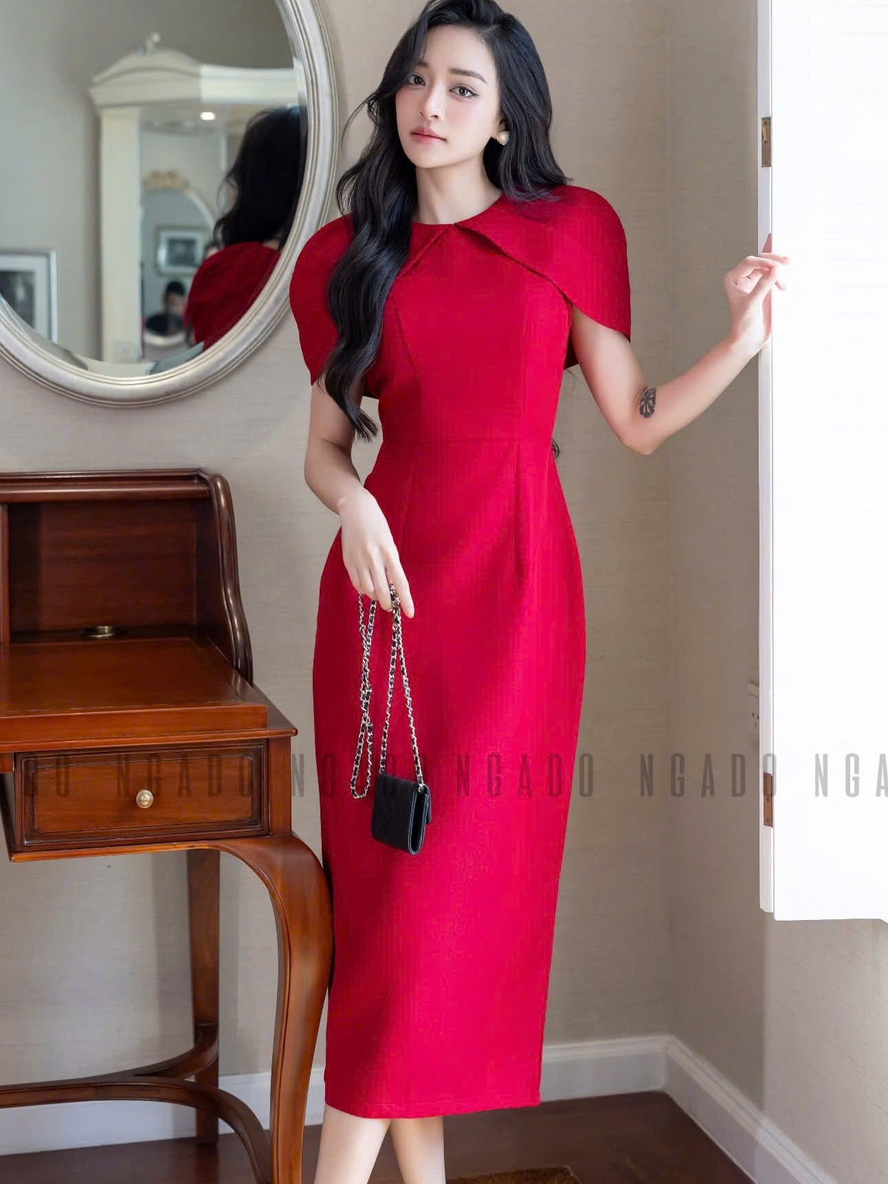 Đầm đỏ cổ tròn NGADO , đầm dự diệc , đầm công sở