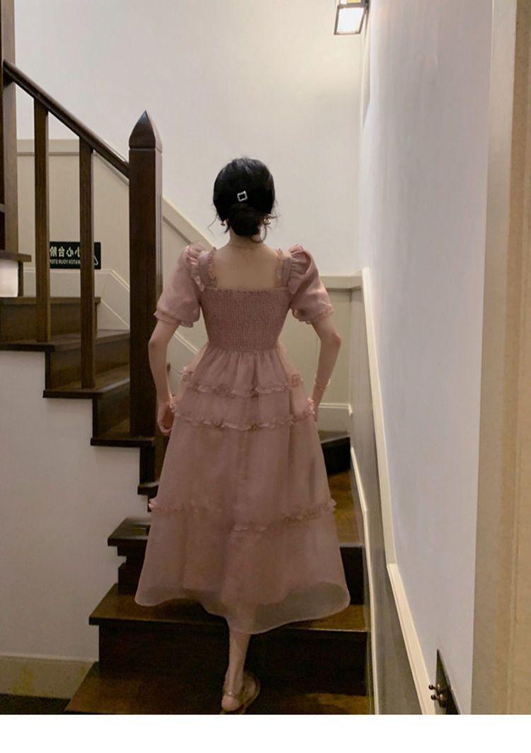 TOBE1SHOP Váy màu hồng nàng tiên Pháp ren Bouffant váy công chúa váy bánh váy lưới nàng tiên thắt lưng đầm