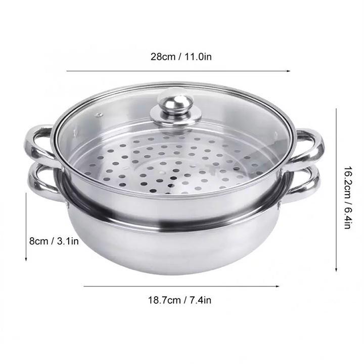 Nồi Hấp Thực Phẩm 2 Tầng 28Cm, Vung Kính Dùng Được Cho Bếp Từ