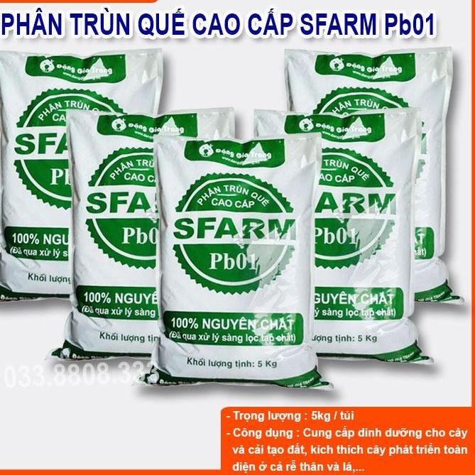 PHÂN TRÙN QUẾ SFARM PB01 BAO 5KG Chuyên bón cho rau sạch, kiểng lá và hoa hồng