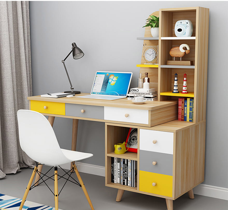 Bàn làm việc gỗ công nghiệp tiện lợi kèm giá sách