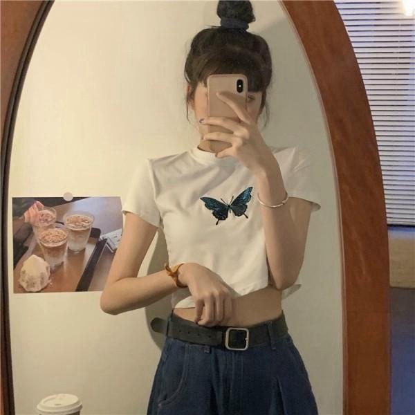 Áo Croptop tay ngắn thêu hình bướm siêu xinh