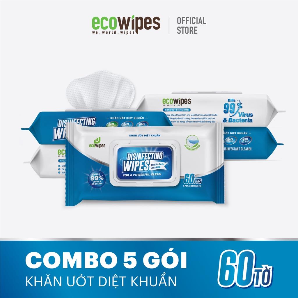 Combo 05 gói khăn giấy ướt diệt khuẩn Disinfecting Wipes Ecowipes gói 60 tờ diệt 99,9% vi khuẩn