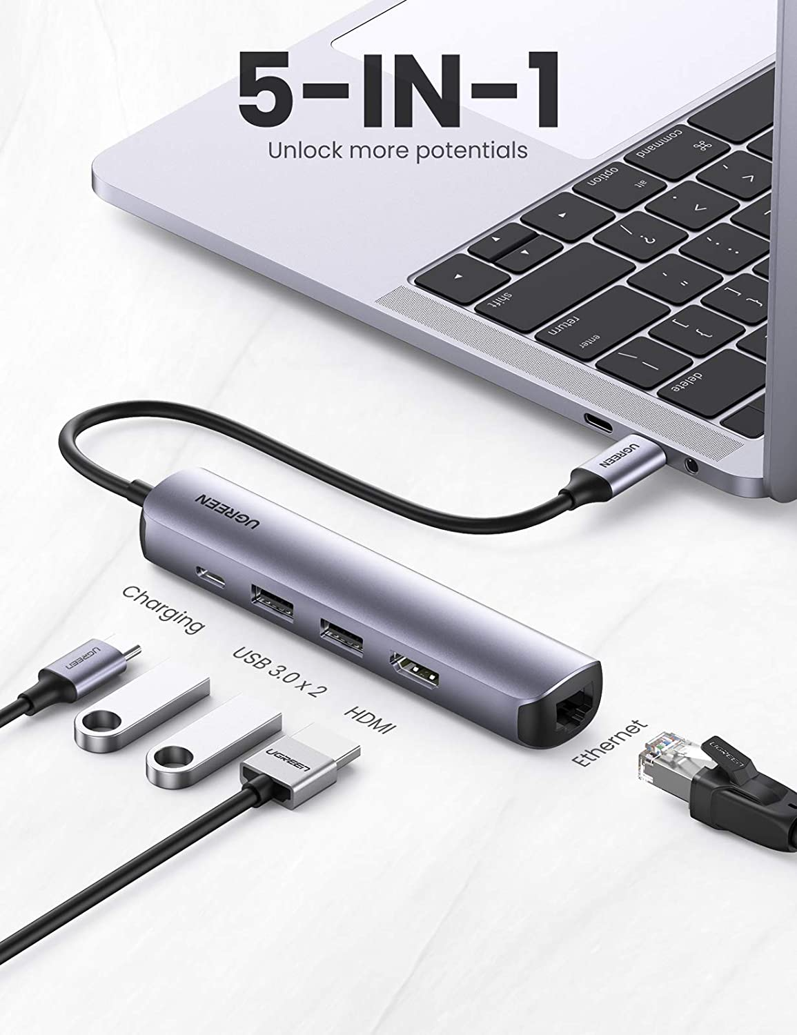 Hub Ugreen USB Type-C 5-in-1 CM418 10919 - Có cổng HDMI, Hỗ trợ sạc PD, Cổng mạng RJ45 - Hàng chính hãng