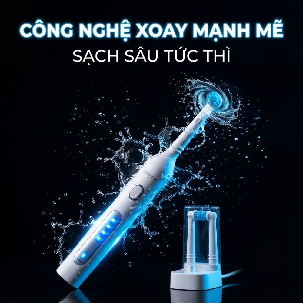 Bàn chải điện đầu xoay tròn Kachi MK361 kèm đế sạc không dây và 2 đầu bàn chải